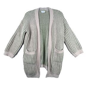 Line and Dot Sweater Womens Medium Taupe Olive Stripe Open Kimberly Cardigan‎